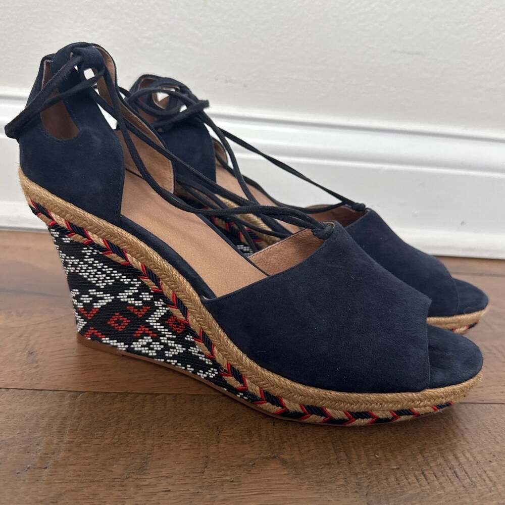 Cabi Isla Suede Aztec Geometric Wedge Espadrille Sandals Navy Women's Size 10M